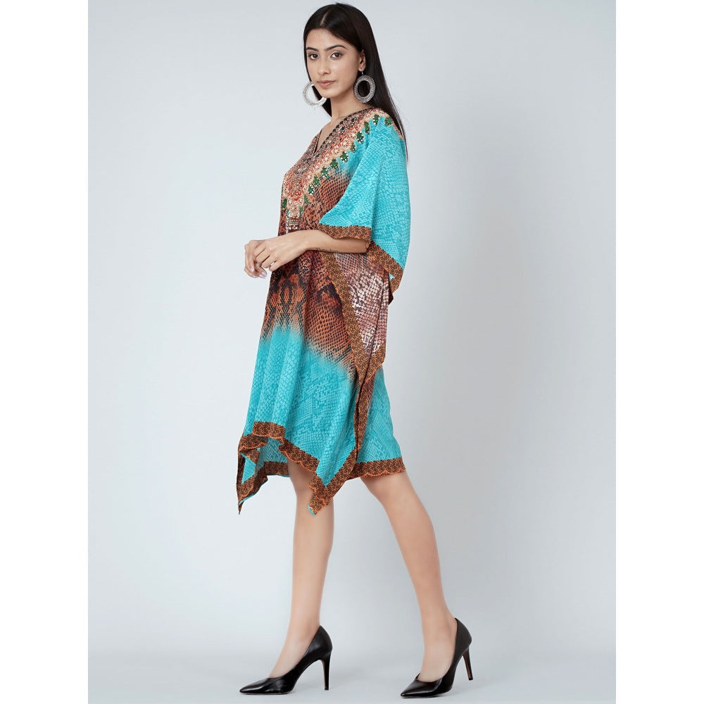 First Resort by Ramola Bachchan Blue And Brown Python Print Silk Kaftan Tunic