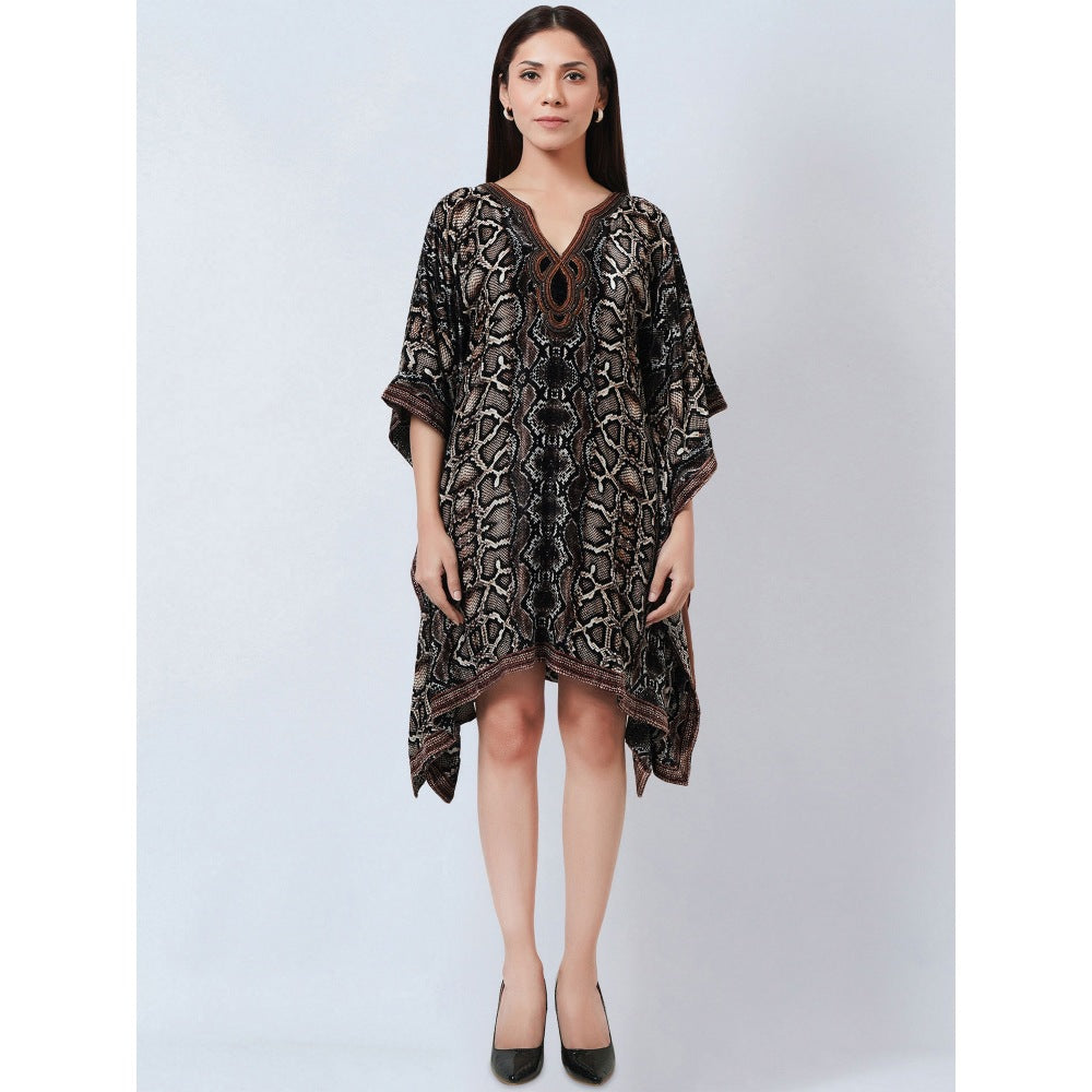 First Resort by Ramola Bachchan Brown Hand Embroidered Animal Print Silk Kaftan Tunic