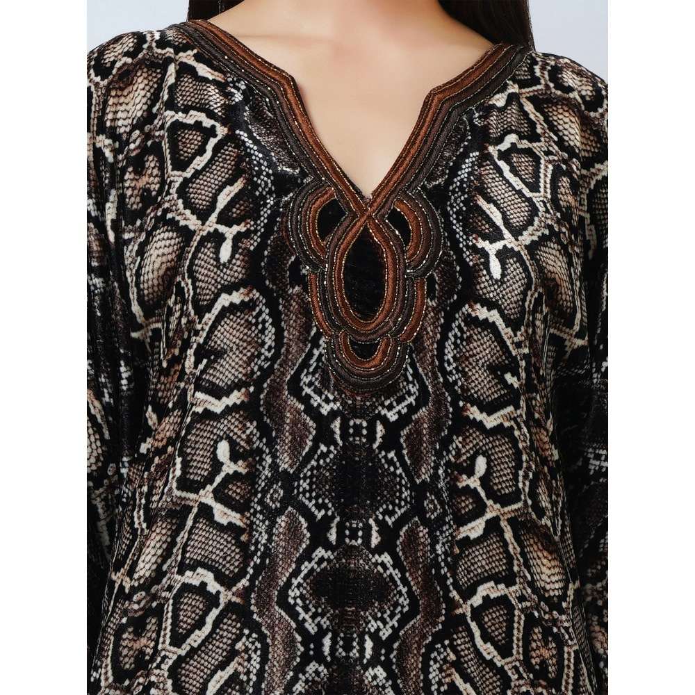 First Resort by Ramola Bachchan Brown Hand Embroidered Animal Print Silk Kaftan Tunic