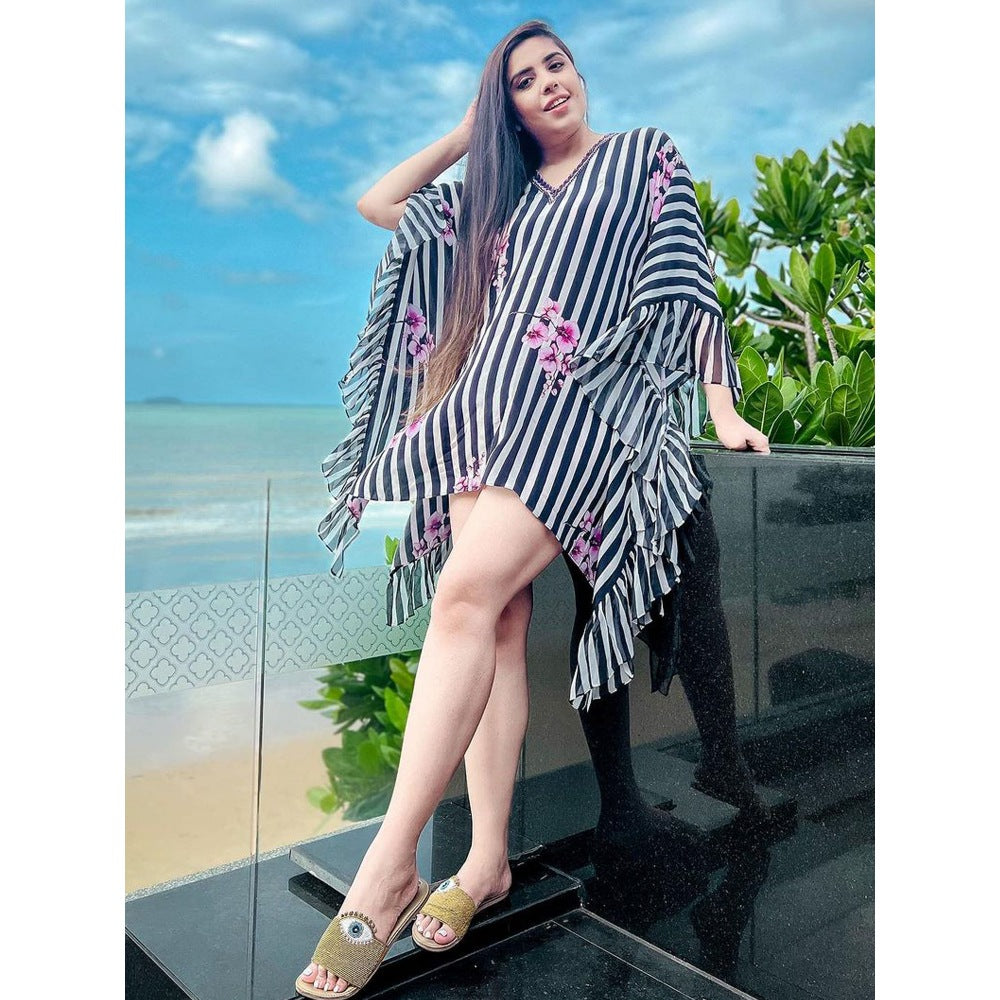 First Resort by Ramola Bachchan Black And White Embellished Floral Frill Kaftan Tunic