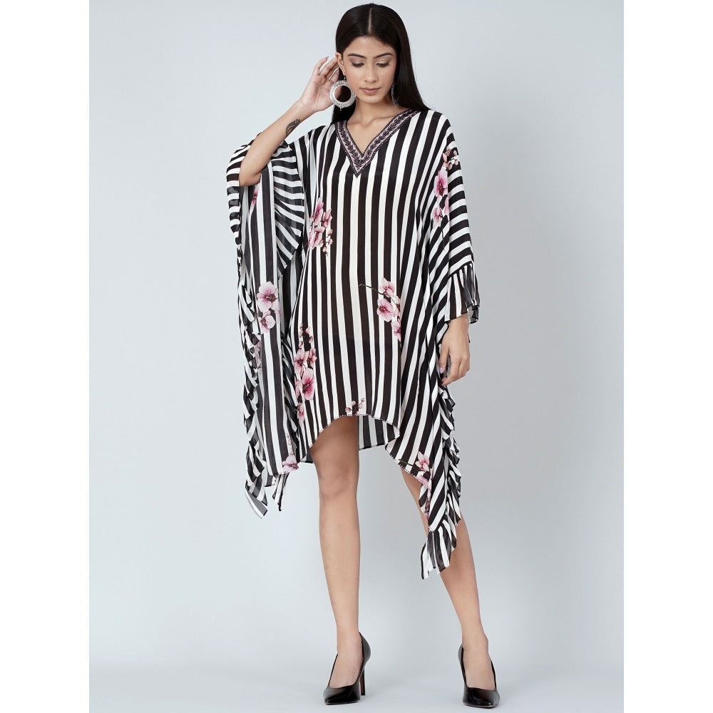 First Resort by Ramola Bachchan Black And White Embellished Floral Frill Kaftan Tunic