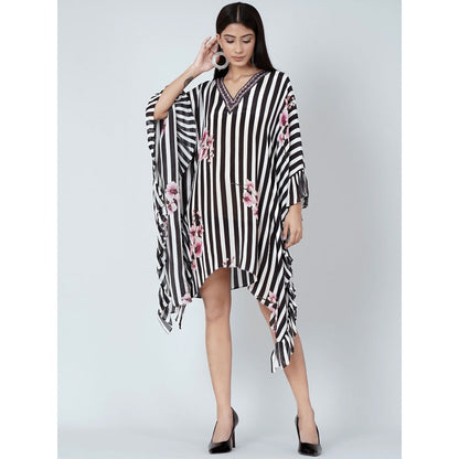 First Resort by Ramola Bachchan Black And White Embellished Floral Frill Kaftan Tunic