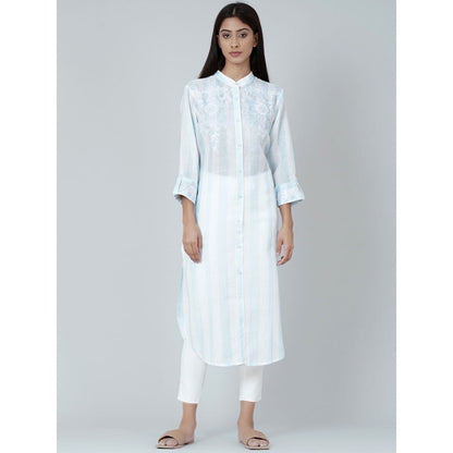 First Resort by Ramola Bachchan White And Blue Embroidered Shirt Style Kurta