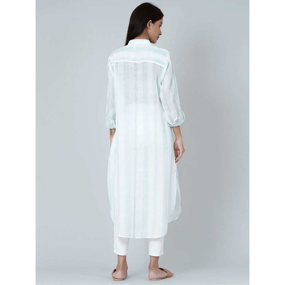 First Resort by Ramola Bachchan White And Green Embroidered Shirt Style Kurta