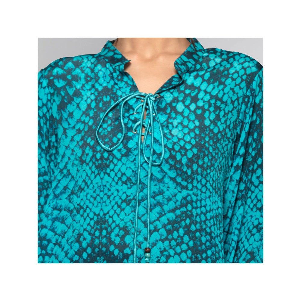 First Resort by Ramola Bachchan Dark Green Animal Print Lace-Up Top