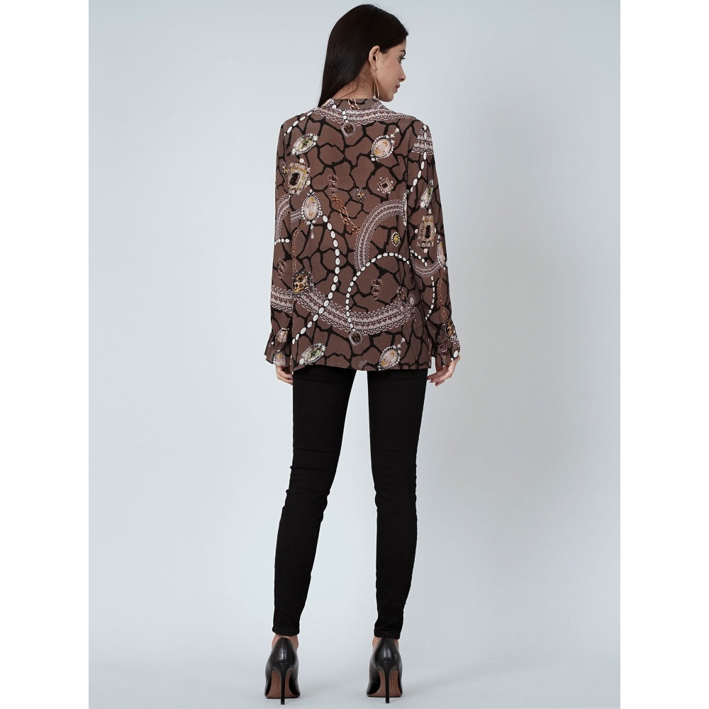 First Resort by Ramola Bachchan Brown Jewel Print Lace-Up Top