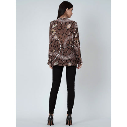 First Resort by Ramola Bachchan Brown Jewel Print Lace-Up Top