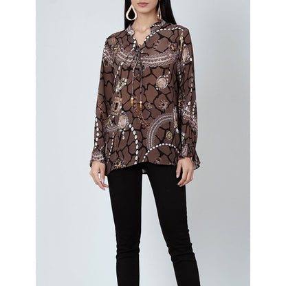 First Resort by Ramola Bachchan Brown Jewel Print Lace-Up Top