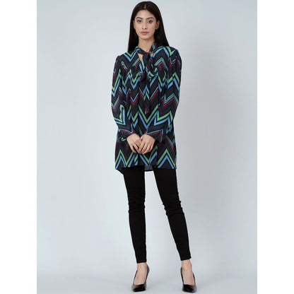 First Resort by Ramola Bachchan Blue And Green Chevron Tie-Neck Top