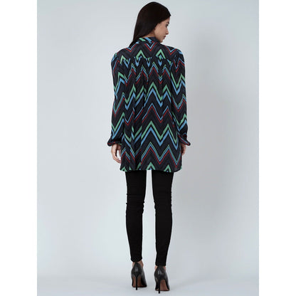 First Resort by Ramola Bachchan Blue And Green Chevron Tie-Neck Top