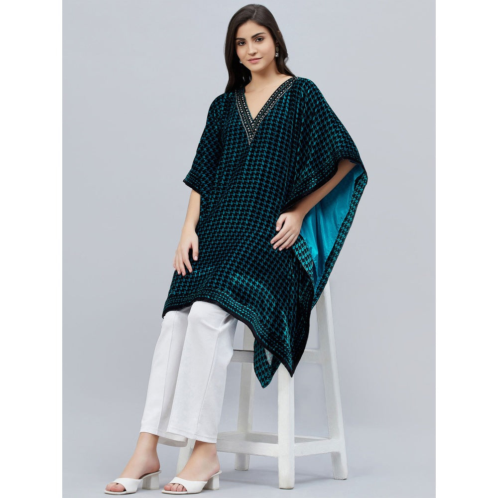 First Resort by Ramola Bachchan Teal Blue Crystal Embellished Houndstooth Tunic