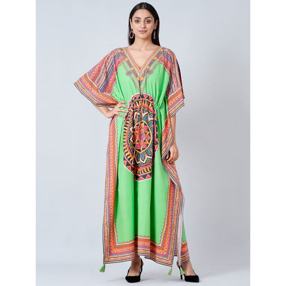 First Resort by Ramola Bachchan Green Tribal Full Length Kaftan