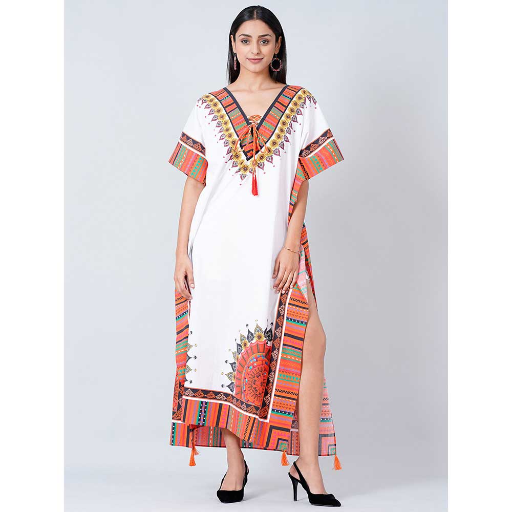First Resort by Ramola Bachchan White and Pink Tribal Full Length Kaftan
