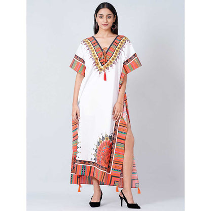 First Resort by Ramola Bachchan White and Pink Tribal Full Length Kaftan