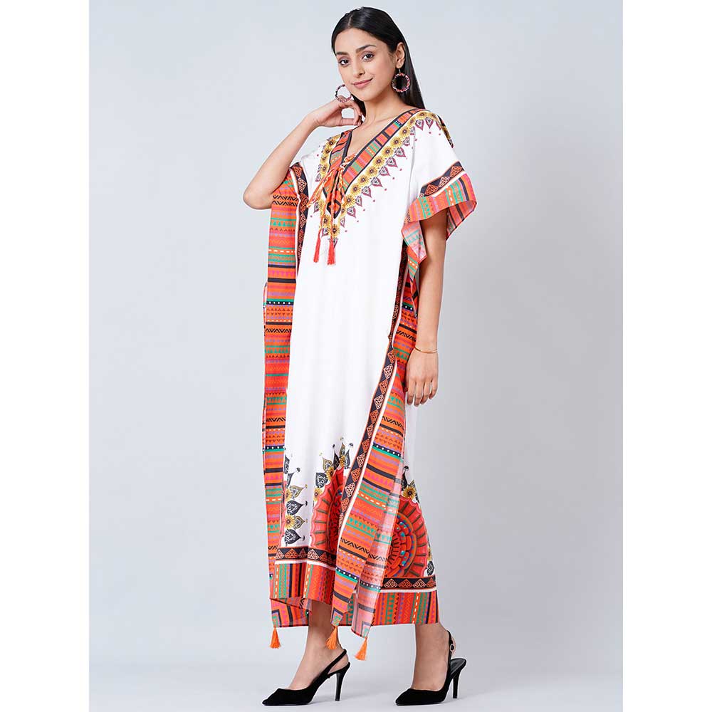 First Resort by Ramola Bachchan White and Pink Tribal Full Length Kaftan