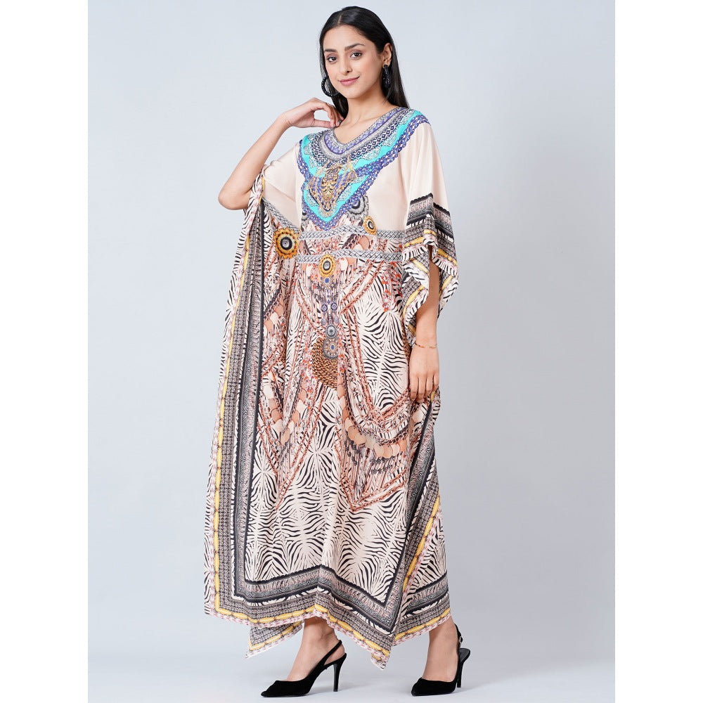 First Resort by Ramola Bachchan Beige Zebra Print Embellished Silk Full Length Kaftan