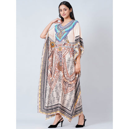First Resort by Ramola Bachchan Beige Zebra Print Embellished Silk Full Length Kaftan