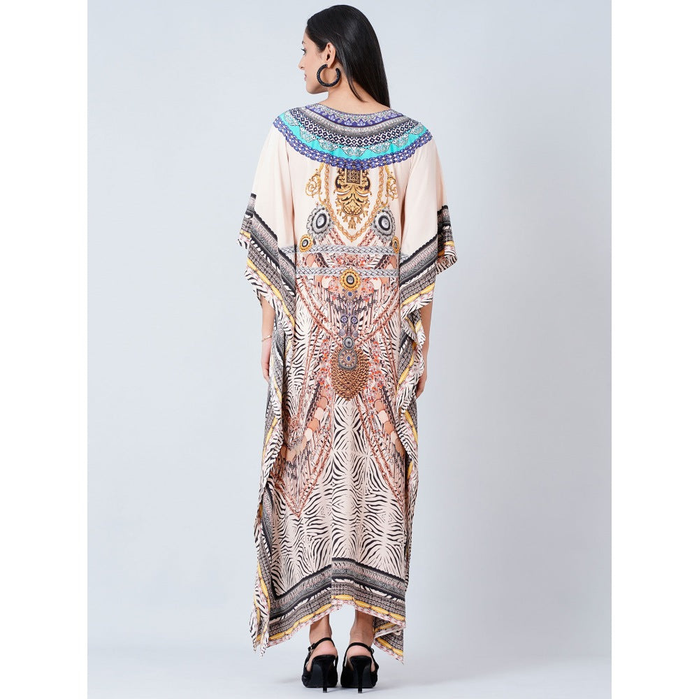 First Resort by Ramola Bachchan Beige Zebra Print Embellished Silk Full Length Kaftan
