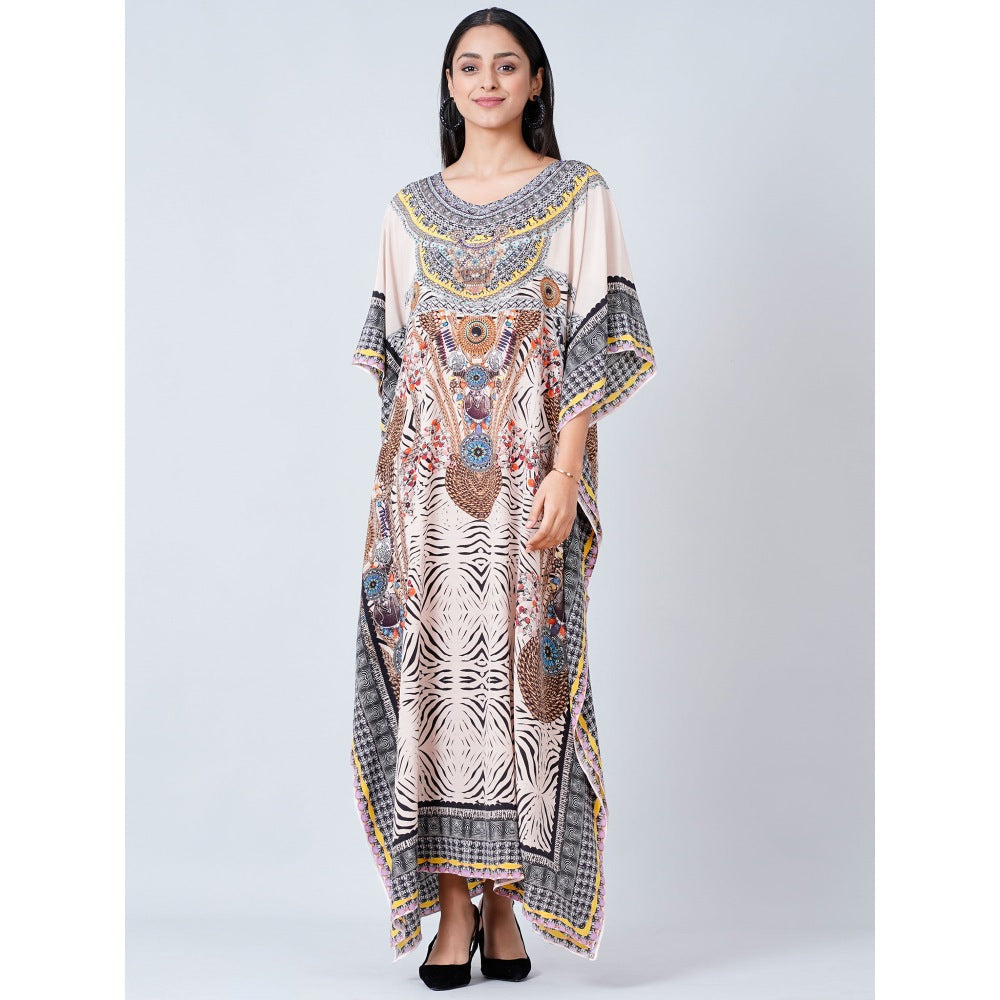 First Resort by Ramola Bachchan Grey Zebra Print Embellished Silk Full Length Kaftan