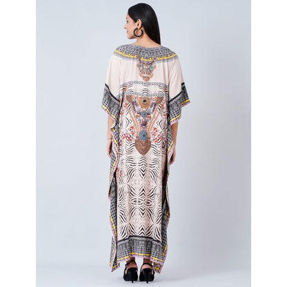 First Resort by Ramola Bachchan Grey Zebra Print Embellished Silk Full Length Kaftan