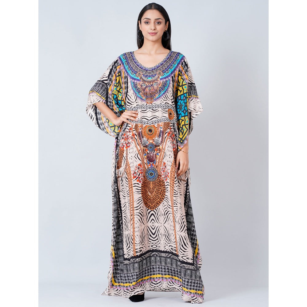 First Resort by Ramola Bachchan Multi-Color Zebra Animal Print Embellished Silk Kaftan