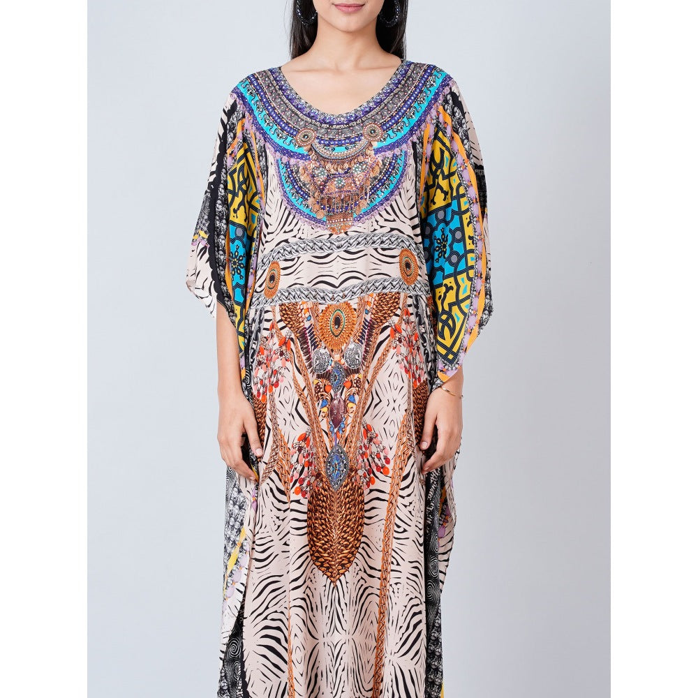 First Resort by Ramola Bachchan Multi-Color Zebra Animal Print Embellished Silk Kaftan