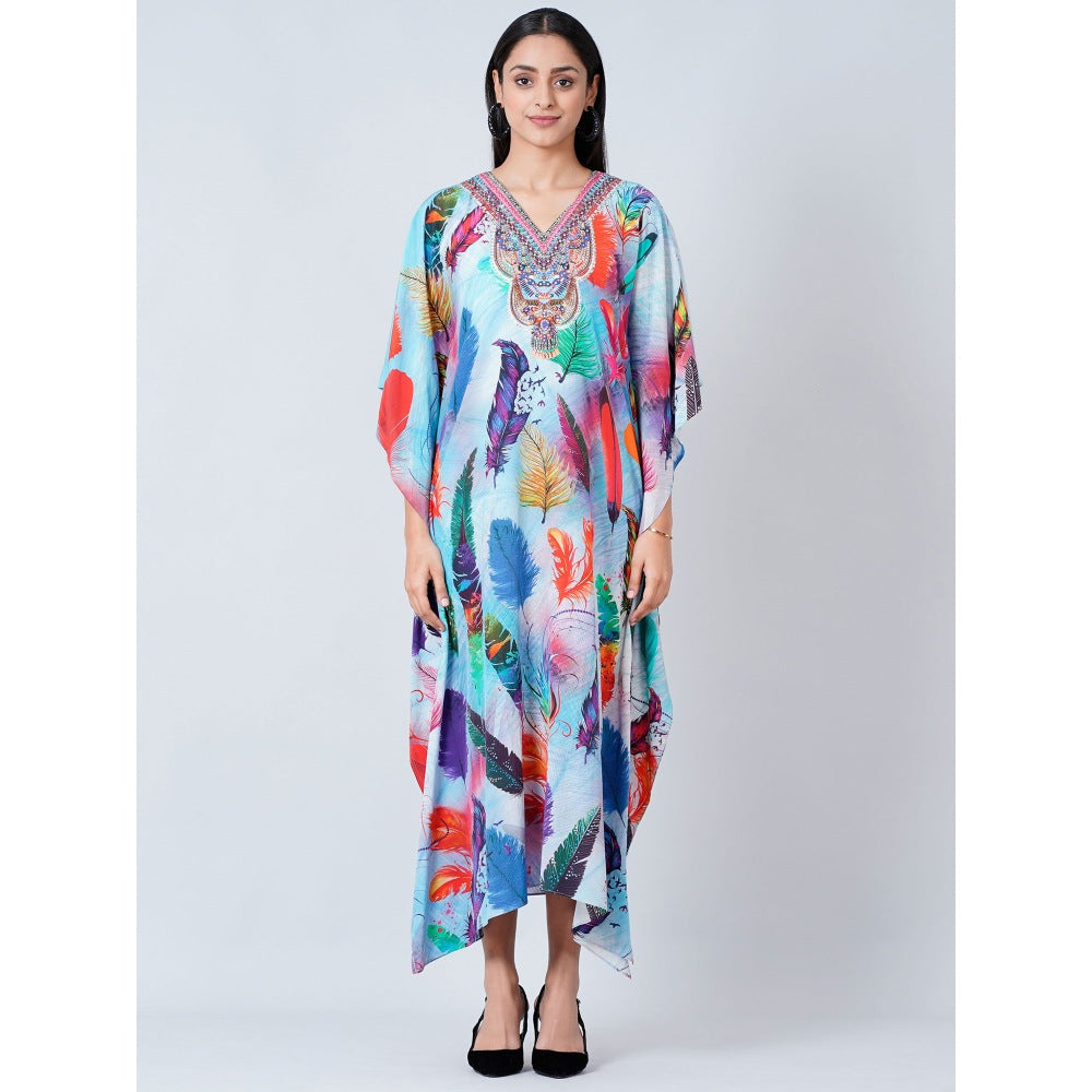 First Resort by Ramola Bachchan Multi-Color Feather Print Embellished Silk Full Length Kaftan