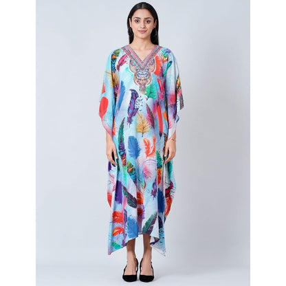 First Resort by Ramola Bachchan Multi-Color Feather Print Embellished Silk Full Length Kaftan