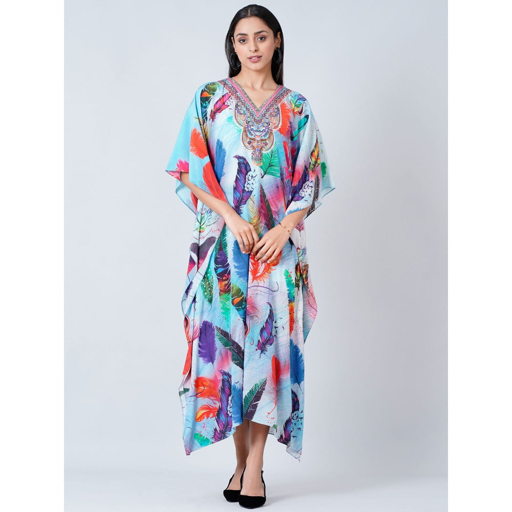 First Resort by Ramola Bachchan Multi-Color Feather Print Embellished Silk Full Length Kaftan