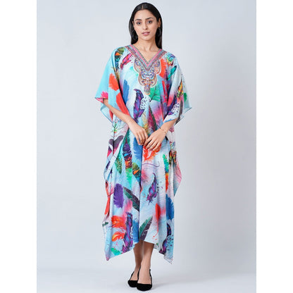 First Resort by Ramola Bachchan Multi-Color Feather Print Embellished Silk Full Length Kaftan