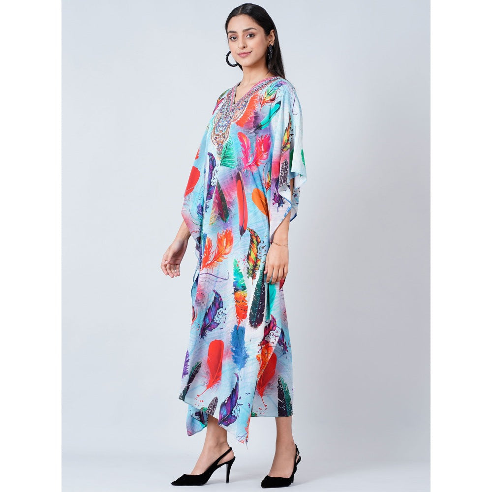 First Resort by Ramola Bachchan Multi-Color Feather Print Embellished Silk Full Length Kaftan