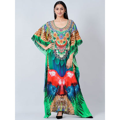 First Resort by Ramola Bachchan Green and Blue Tribal Embellished Silk Full Length Kaftan