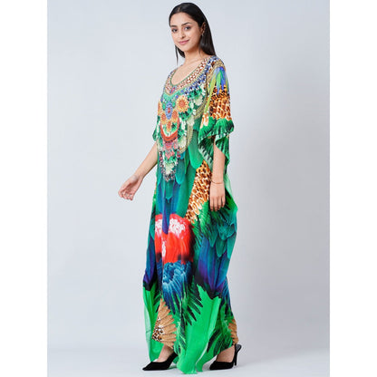 First Resort by Ramola Bachchan Green and Blue Tribal Embellished Silk Full Length Kaftan