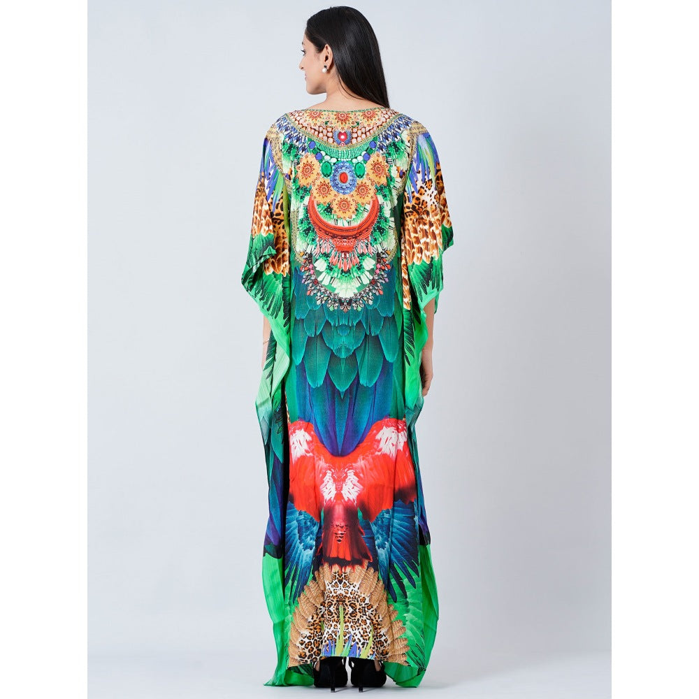 First Resort by Ramola Bachchan Green and Blue Tribal Embellished Silk Full Length Kaftan