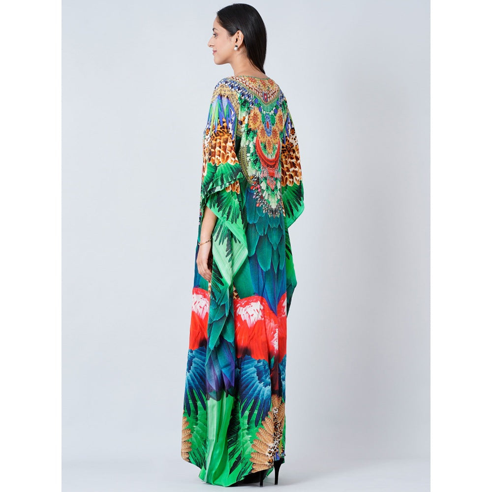First Resort by Ramola Bachchan Green and Blue Tribal Embellished Silk Full Length Kaftan