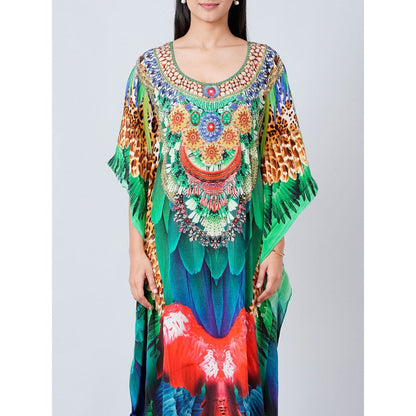 First Resort by Ramola Bachchan Green and Blue Tribal Embellished Silk Full Length Kaftan