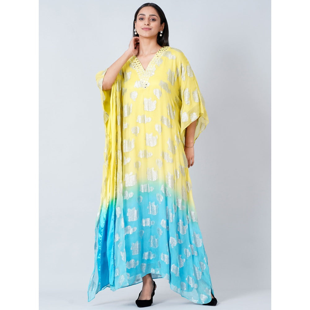 First Resort by Ramola Bachchan Yellow and Blue Ombre Full Length Kaftan