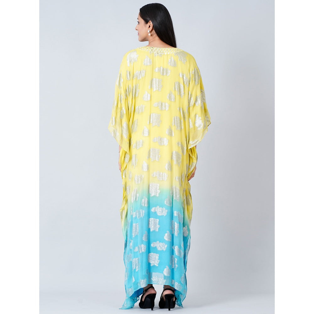 First Resort by Ramola Bachchan Yellow and Blue Ombre Full Length Kaftan