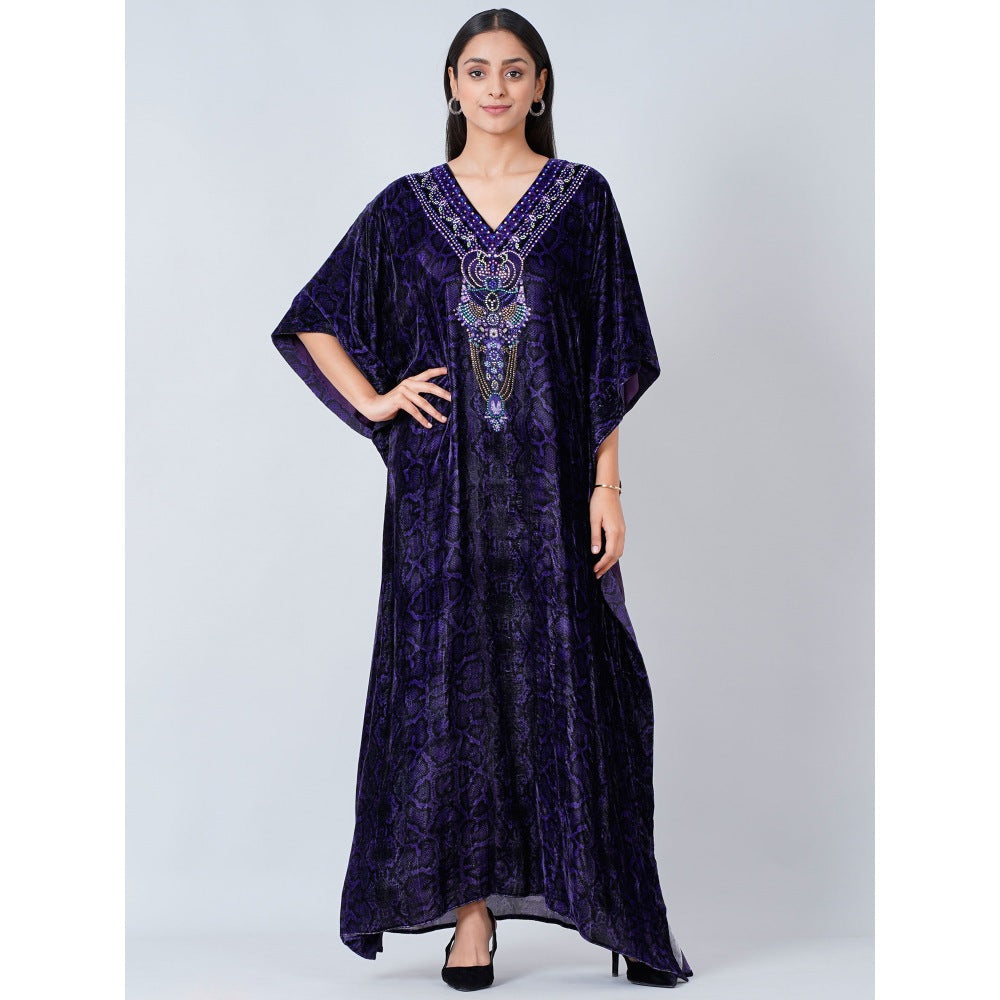 First Resort by Ramola Bachchan Purple Crystal Embellished Silk Velvet Full Length Kaftan