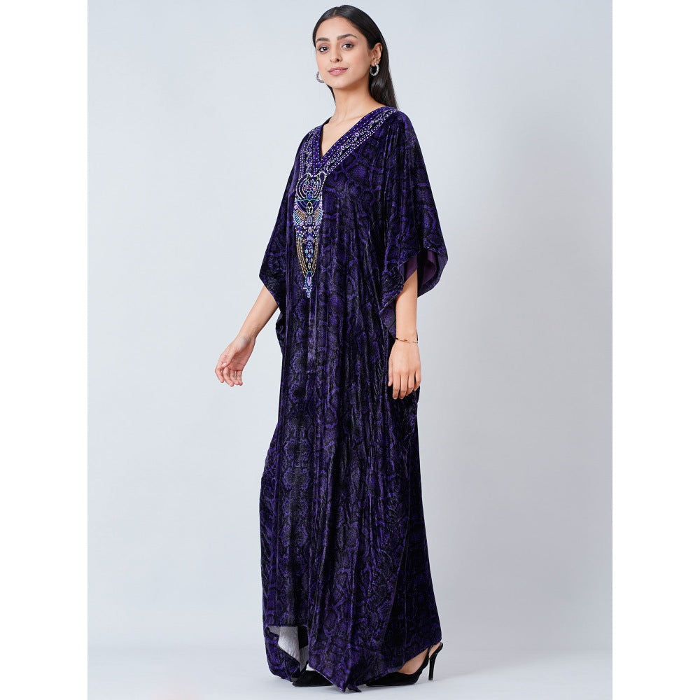 First Resort by Ramola Bachchan Purple Crystal Embellished Silk Velvet Full Length Kaftan