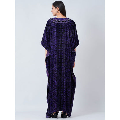 First Resort by Ramola Bachchan Purple Crystal Embellished Silk Velvet Full Length Kaftan