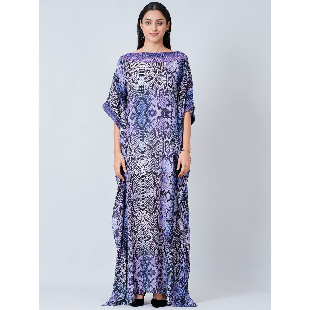 First Resort by Ramola Bachchan Blue Animal Print Embroidered Full Length Kaftan
