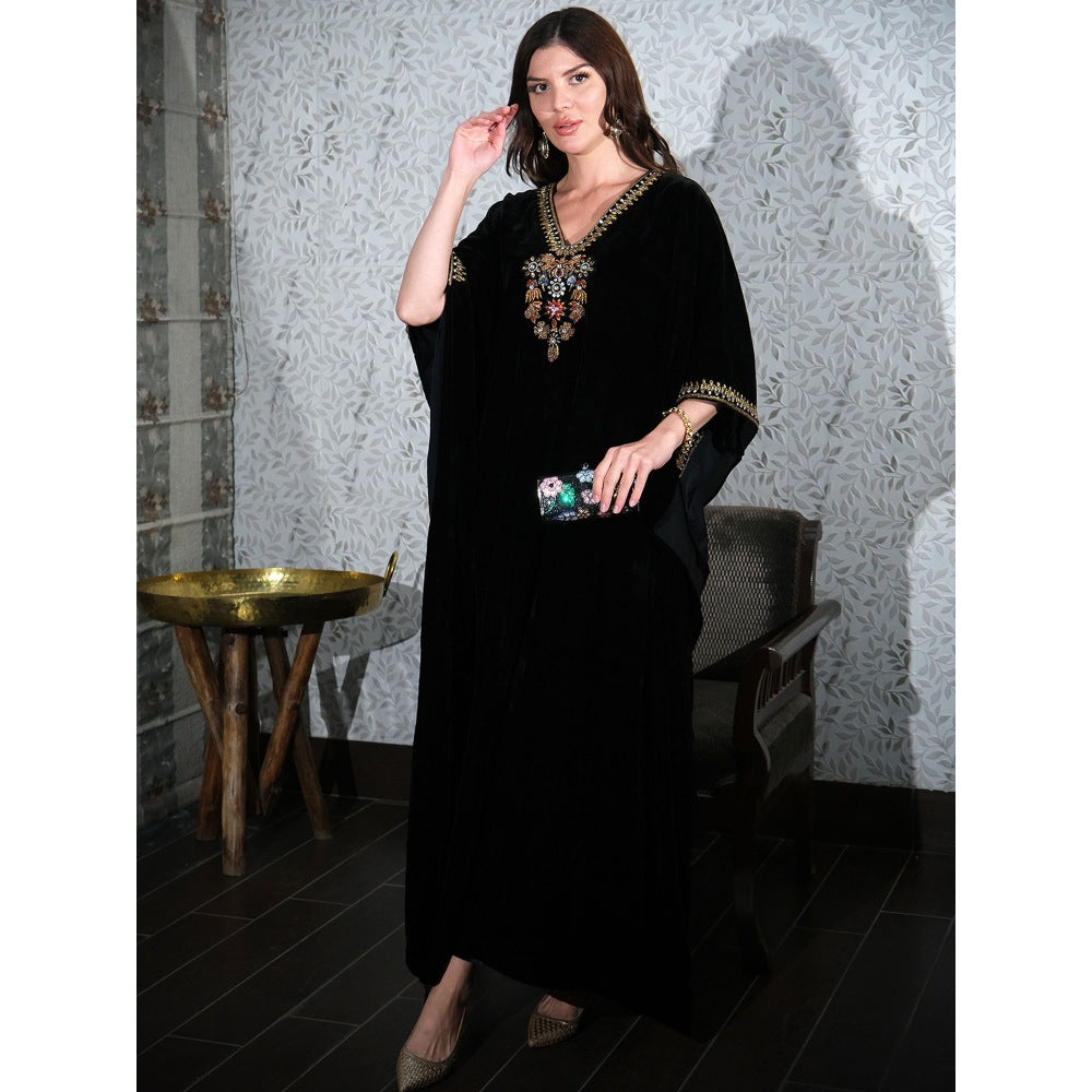First Resort by Ramola Bachchan Black Gold Embroidered Silk Velvet Full Length Kaftan