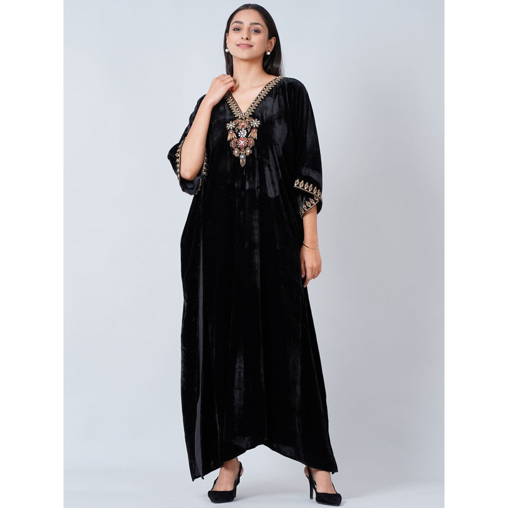 First Resort by Ramola Bachchan Black Gold Embroidered Silk Velvet Full Length Kaftan
