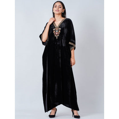 First Resort by Ramola Bachchan Black Gold Embroidered Silk Velvet Full Length Kaftan