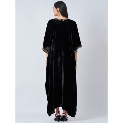 First Resort by Ramola Bachchan Black Gold Embroidered Silk Velvet Full Length Kaftan