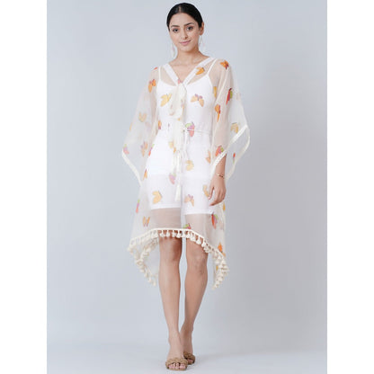 First Resort by Ramola Bachchan White Butterfly Mid Length Kaftan