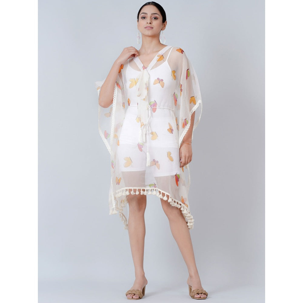 First Resort by Ramola Bachchan White Butterfly Mid Length Kaftan