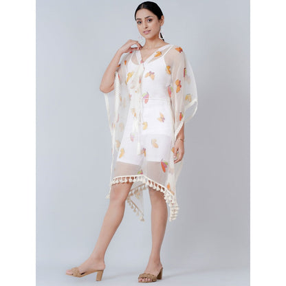 First Resort by Ramola Bachchan White Butterfly Mid Length Kaftan