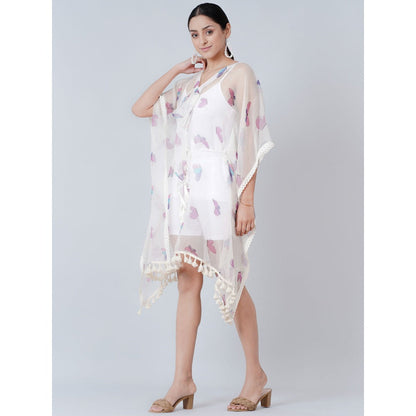 First Resort by Ramola Bachchan White Butterfly Mid Length Kaftan